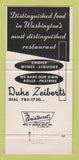 Matchbook Cover - Duke Zeibert's Restaurant Washington DC BLUE WHITE 30 Strike