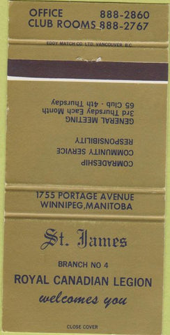 Matchbook Cover - Royal Canadian Legion Winnipeg MB 30 Strike