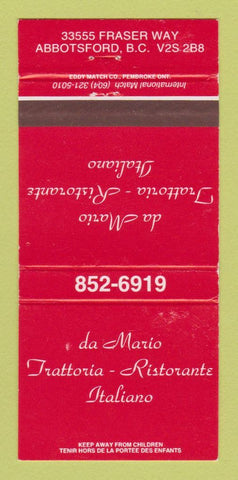Matchbook Cover - Da Mario Italian Restaurant Abbotsford BC 30 Strike