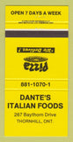 Matchbook Cover - Dante's Italian Foods Thornhill ON  Pizza 30 Strike