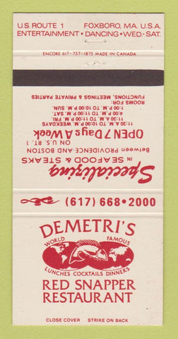 Matchbook Cover - Demetri's Red Snapper Restaurant Foxboro MA  30 Strike
