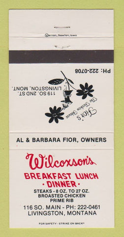 Matchbook Cover - Wilcoxson's Restaurant Livingston MT 30 Strike