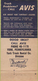 Matchbook Cover - Avis Contract Truck Leasing York PA 30 Strike