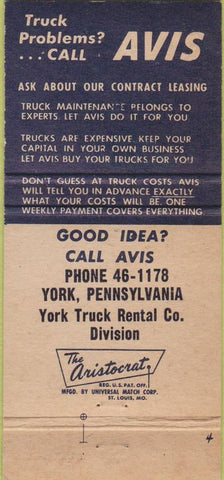 Matchbook Cover - Avis Contract Truck Leasing York PA 30 Strike