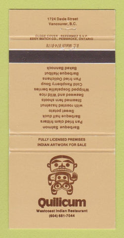 Matchbook Cover - Quilicum Indian Restaurant Vancouver BC 30 Strike