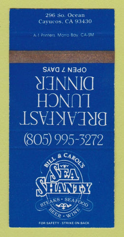 Matchbook Cover - Bill & Carol's Sea Shanty Vayucos CA SAMPLE WEAR 30 Strike