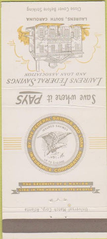 Matchbook Cover - Laurens Federal Savings Bank SC 30 Strike
