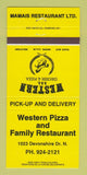 Matchbook Cover - Western Pizza and Family Restaurant Regina? SK? 30 Strike