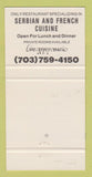 Matchbook Cover - Serbian Crown Restaurant Great Falls VA 30 Strike