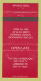 Matchbook Cover - Tators Gameroom Lubbock TX WEAR 30 Strike