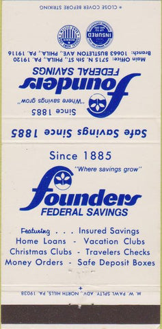 Matchbook Cover - Founders Federal Savings Philadelphia PA 30 Strike