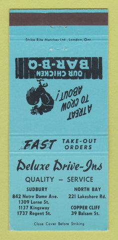 Matchbook Cover - Deluxe Drive Ins Restaurant Sudbury North Bay ON 30 Strike
