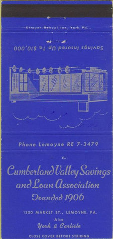 Matchbook Cover - Cumberland Valley Savings Bank Lemoyne PA 30 Strike
