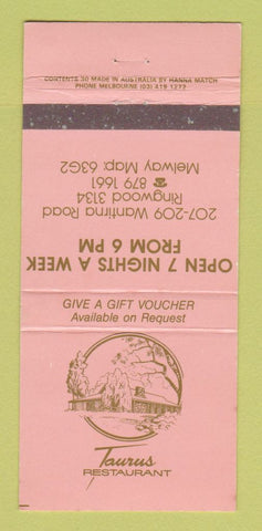 Matchbook Cover - Taurus Restaurant Ringwood Australia WEAR 30 Strike