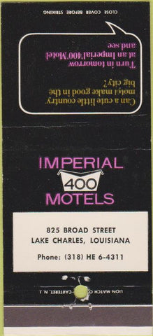 Matchbook Cover - Imperial 400 Motels Lake Charles LA 30 Strike