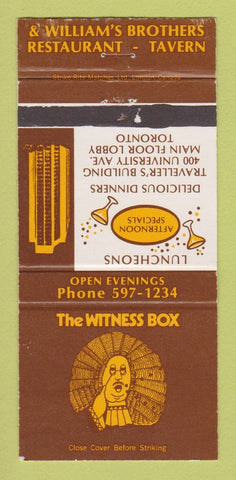 Matchbook Cover - The Witness Box William's Brothers Toronto ON 30 Strike