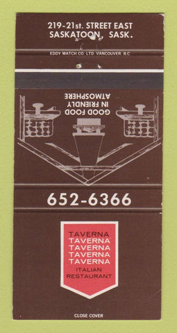 Matchbook Cover - Taverna Italian Restaurant Saskatoon SK 30 Strike