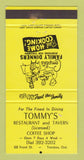 Matchbook Cover - Tommy's Restaurant Tavern Trenton ON YELLOW 30 Strike