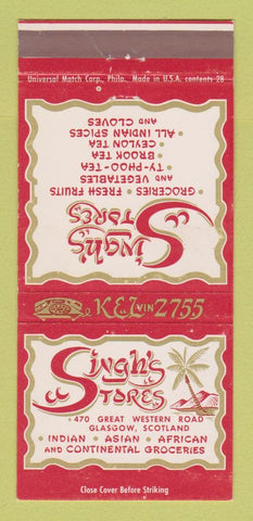 Matchbook Cover - Singh's Stores Grocery Glasgow Scotland 30 Strike