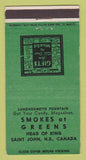 Matchbook Cover - Greens Luncheonette St John NB 30 Strike