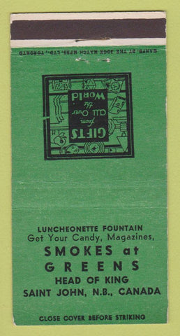 Matchbook Cover - Greens Luncheonette St John NB 30 Strike