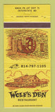 Matchbook Cover - Wolf's Den Restaurant Knox PA #1 YELLOW 30 Strike