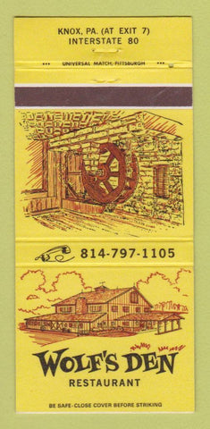 Matchbook Cover - Wolf's Den Restaurant Knox PA #1 YELLOW 30 Strike