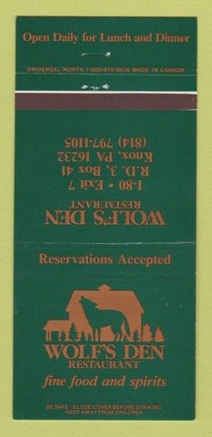 Matchbook Cover - Wolf's Den Restaurant Knox PA #2 GREEN 30 Strike