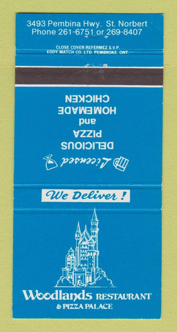 Matchbook Cover - Woodlands Restaurant Pizza St Norbert MB 30 Strike