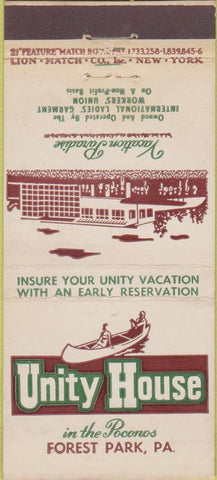 Matchbook Cover - Unity House Hotel Forest Lake PA 30 Strike