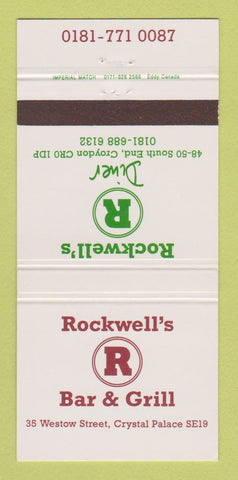 Matchbook Cover - Rockwell's Bar Grill Diner Croydon UK 30 Strike