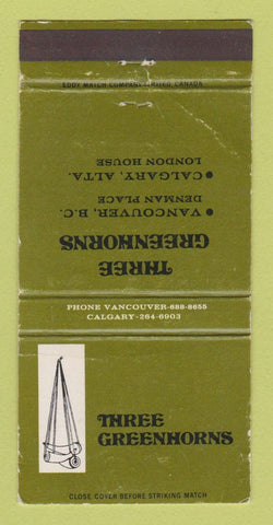 Matchbook Cover - Three Greenhorns Vancouver BC Calgary AB WEAR 30 Strike