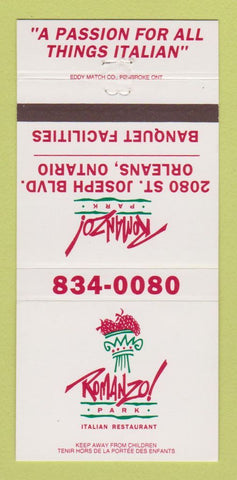 Matchbook Cover - Romanzo Park Restaurant Orleans ON Italian 30 Strike
