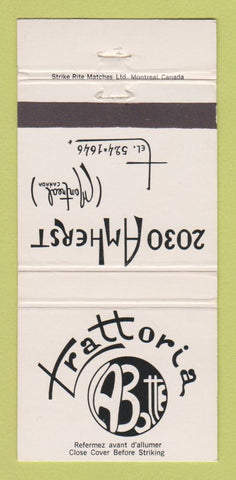 Matchbook Cover - Trattoria Cabotte Montreal QC 30 Strike