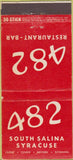 Matchbook Cover - 482 Restaurant  and  Bar South Salina Syracuse NY 30 Strike