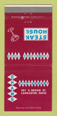 Matchbook Cover - Shaws Restaurant Lancaster OH 30 Strike