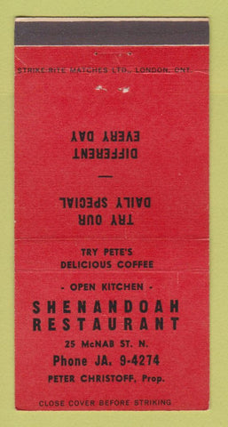 Matchbook Cover - Shenandoah Restaurant Hamilton? ON RED 30 Strike