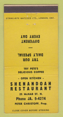 Matchbook Cover - Shenandoah Restaurant Hamilton? ON YELLOW 30 Strike