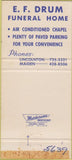Matchbook Cover - Drum Funeral Home Linkenton Maiden NC  30 Strike