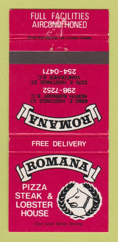 Matchbook Cover - Romana Pizza Steak Vancouver North Burnaby BC 30 Strike