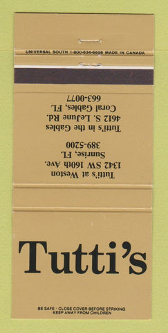 Matchbook Cover - Tutti's Restaurant Sunrise Coral Gables FL 30 Strike