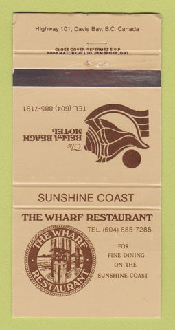 Matchbook Cover - Wharf Restaurant Bella Beach Motel Davis Bay BC WEAR 30 Strike