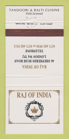 Matchbook Cover - Raj Indian Restaurant London UK England 30 Strike