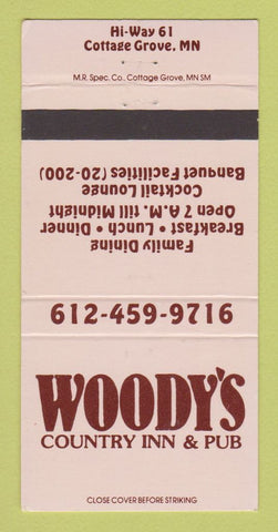 Matchbook Cover - Woody's Country Inn Pub Cottage Grove MN 30 Strike