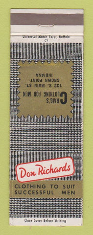 Matchbook Cover - Don Richards Men's Clothes Carig's Crown Point IN