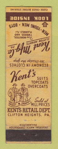 Matchbook Cover - Kent Manufacturing Men's Clothes Clifton Heights PA WEAR