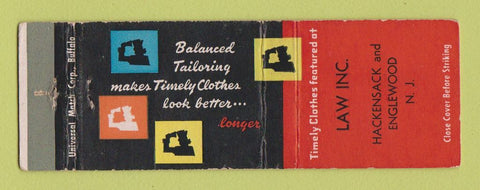 Matchbook Cover - Timely Men's Clothes Law Hackensack Inglewood NJ