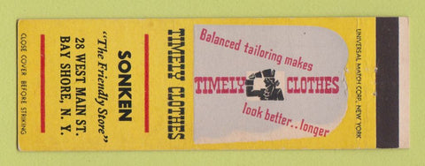 Matchbook Cover - Timely Men's Clothes Sonken Bay Shore NY YELLOW