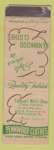 Matchbook Cover - Pennwood Men's Clothes Lubman's Petersburg VA WORN STRIKER