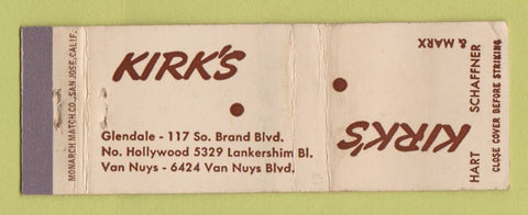 Matchbook Cover - Kirk's Clothes Hart Schaffner Marx Van Nuys Glendale CA WEAR